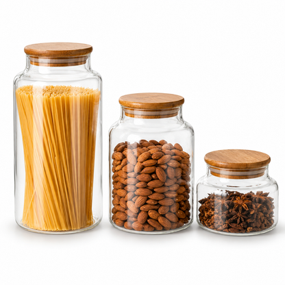 3-piece glass storage jar set with bamboo lids