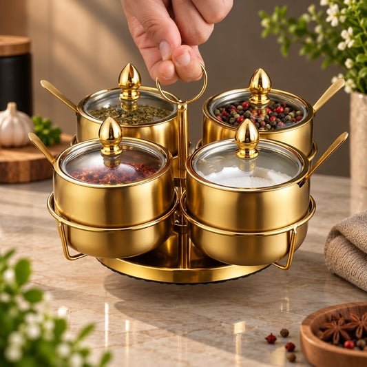 Rotating spice rack with transparent spice jars