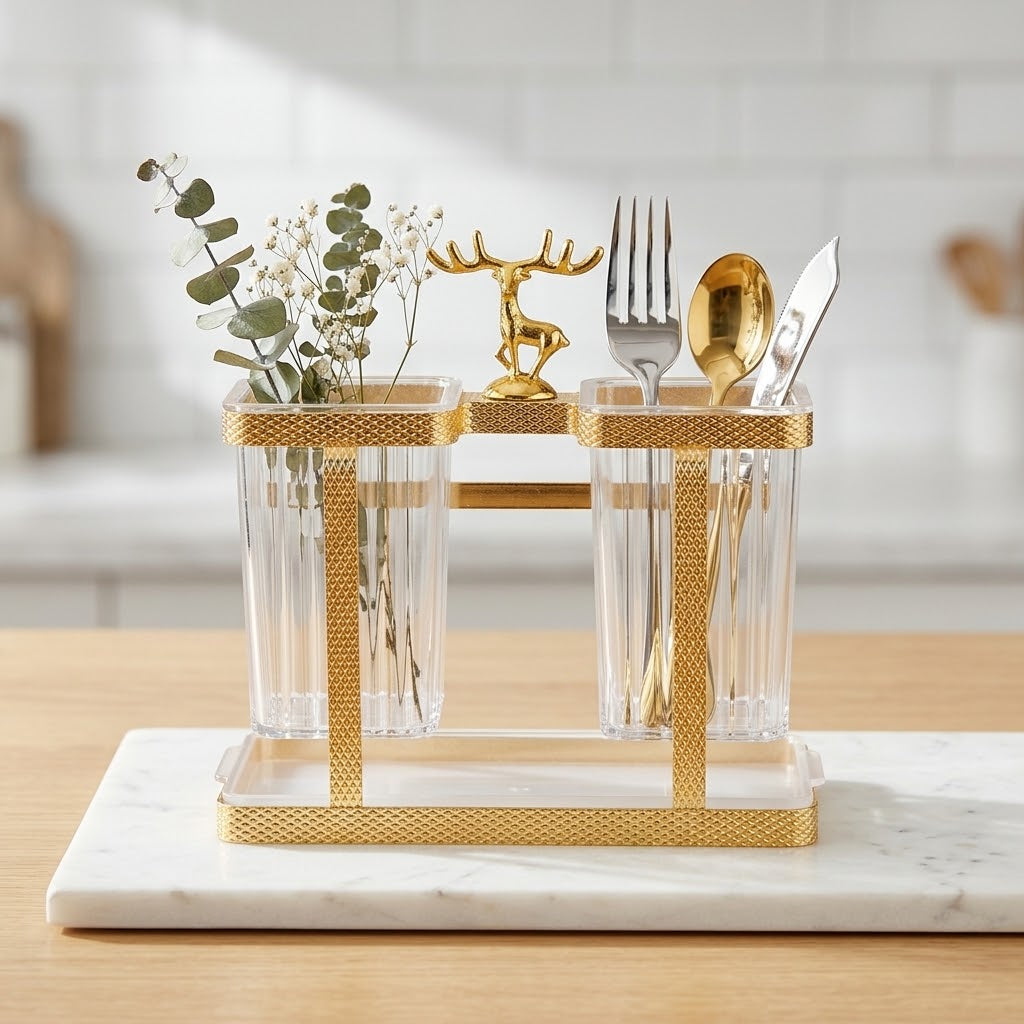 Gold-plated-metal-cutlery-holder-rack-with-green-plastic-cups