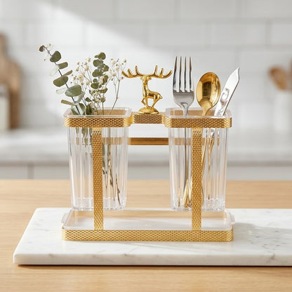 Gold-plated-metal-cutlery-holder-rack-with-green-plastic-cups