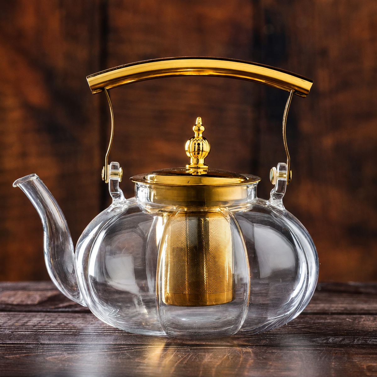 Premium borosilicate glass teapot with gold handle and infuser