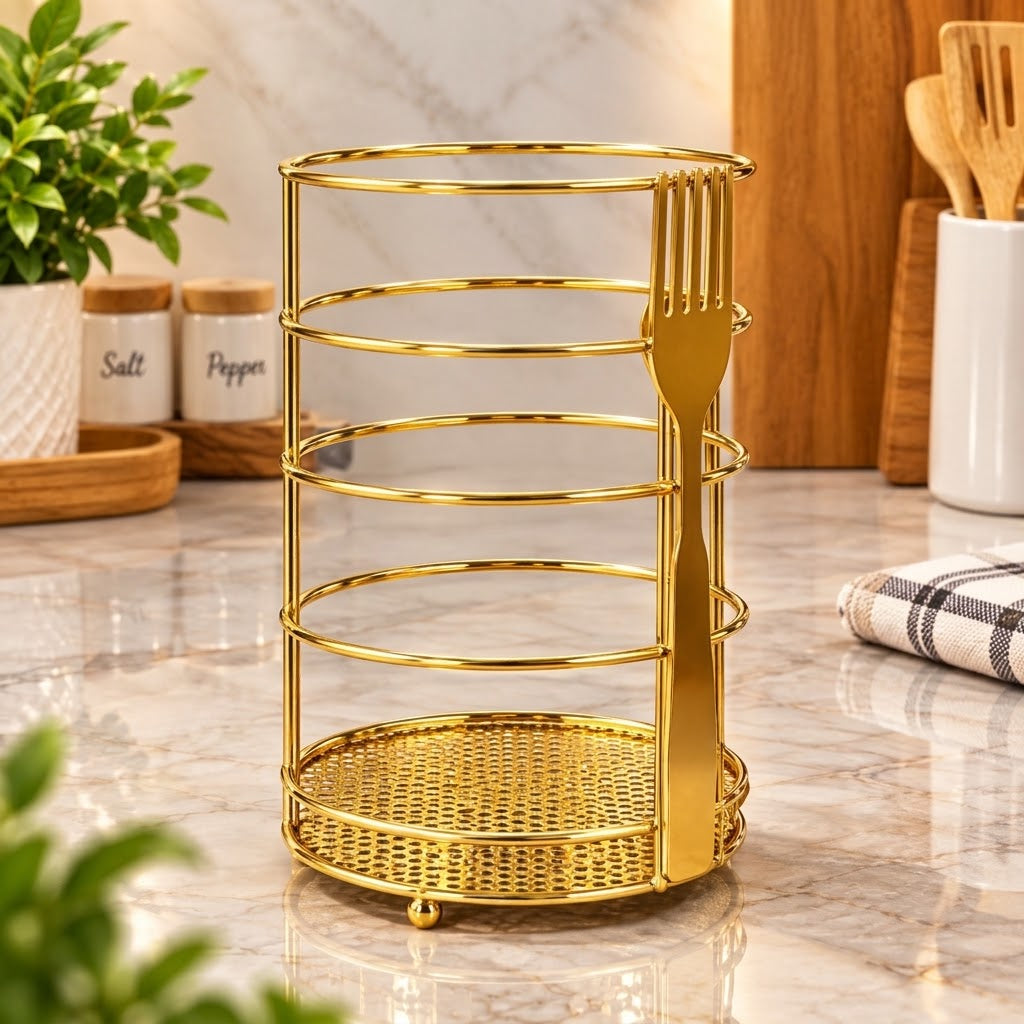 Golden Kitchen Utensil Holder Stand | Luxury Metal Spoon & Cutlery Organizer Rack | The Kitchen World