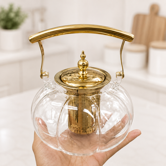 Golden Metallic High Borosilicate Glass Kettle | Heat Resistant Glass Tea & Coffee Kettle
