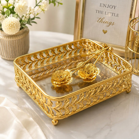 Golden coated napkin holder with glass base