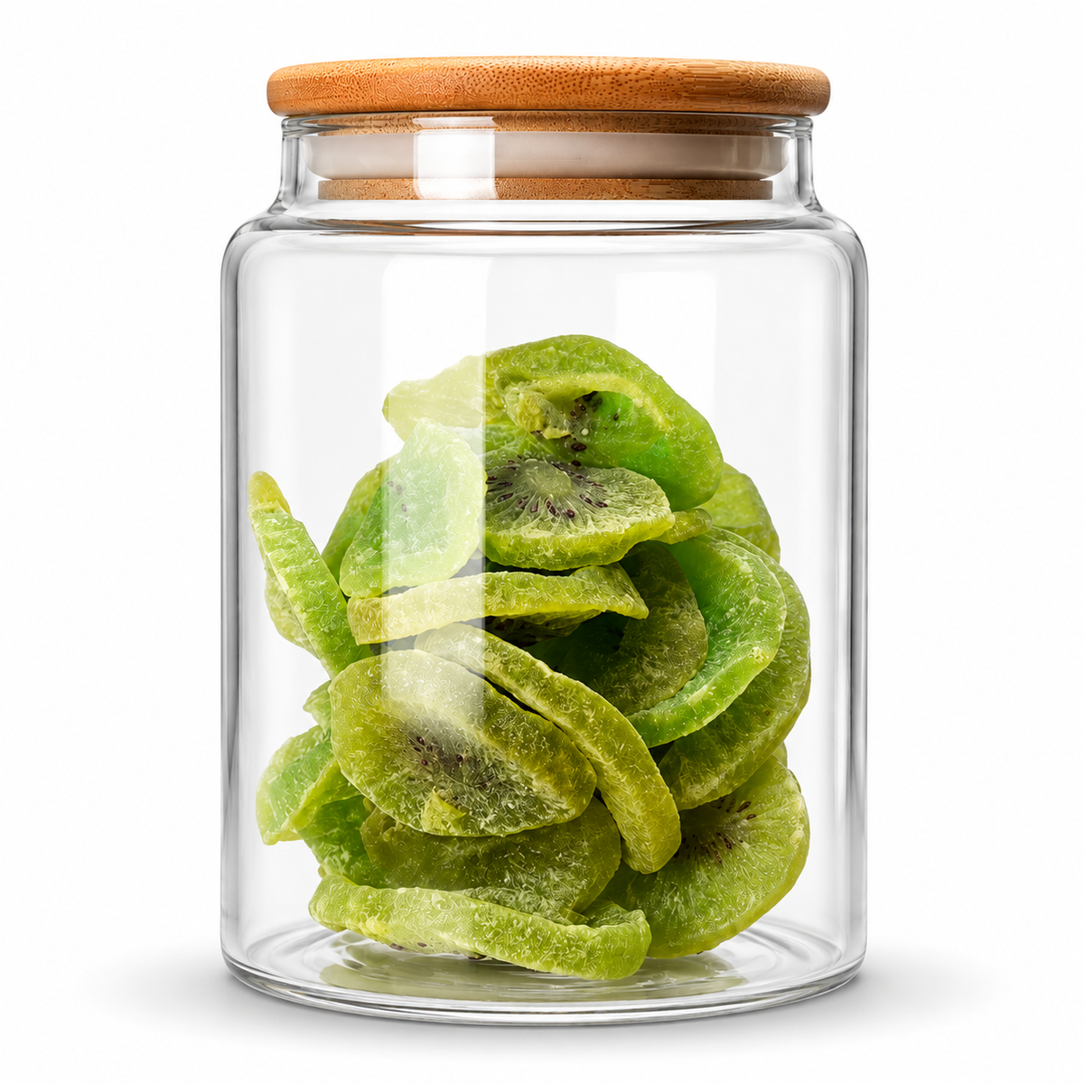 Green kiwi slices in glass jar