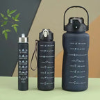 3-in-280ml/750ml/2000ml Capacity PP PC Silicon Food Grade Motivational Water Bottle with Time Marker One Click Open Cap