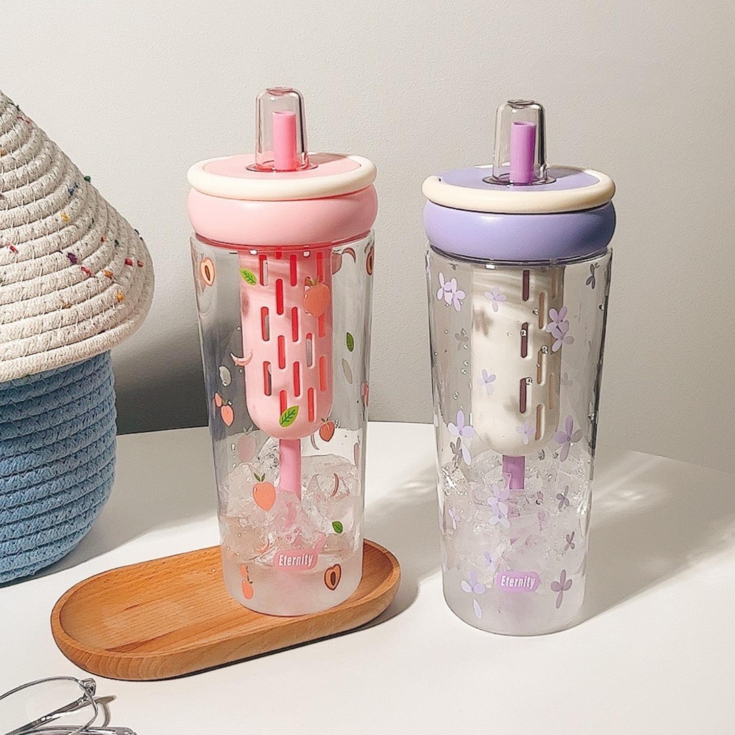 1000ml Cute Fruit &amp; Flower Print Plastic Water Bottle with Straw – BPA-Free Leak-Proof Tumbler for Kids