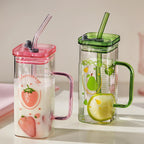 New Fashion 350ml Square Glass Reusable High Borosilicate Clear Beer Boba Drinking Mug Glass Cup with Lid and Straw