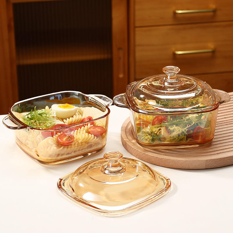 High Appearance Amber Glass Stockpot – Thickened Double Ear Bowl with Lid