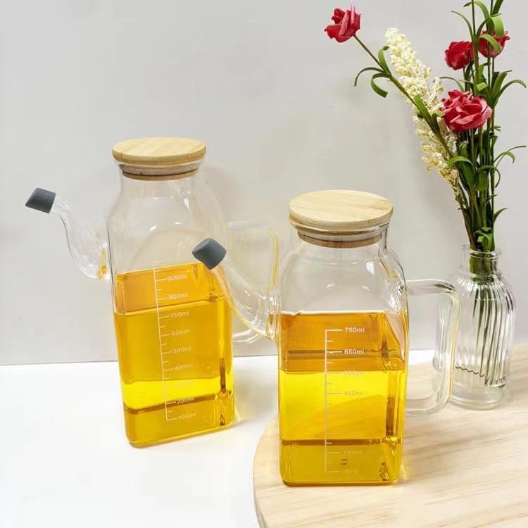 Simple Design Square Clear Thickened Durable High Borosilicate Glass Oil Pot With Handle and Bamboo