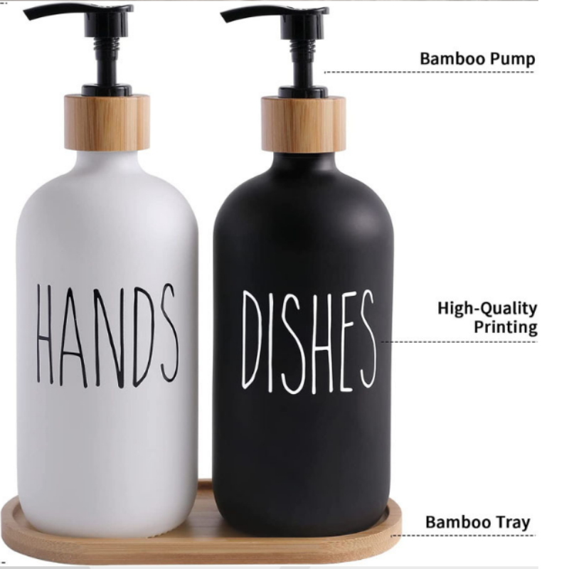 6oz / 500ml Glass Lotion &amp; Soap Dispenser – White &amp; Black with Bamboo Pump Cover