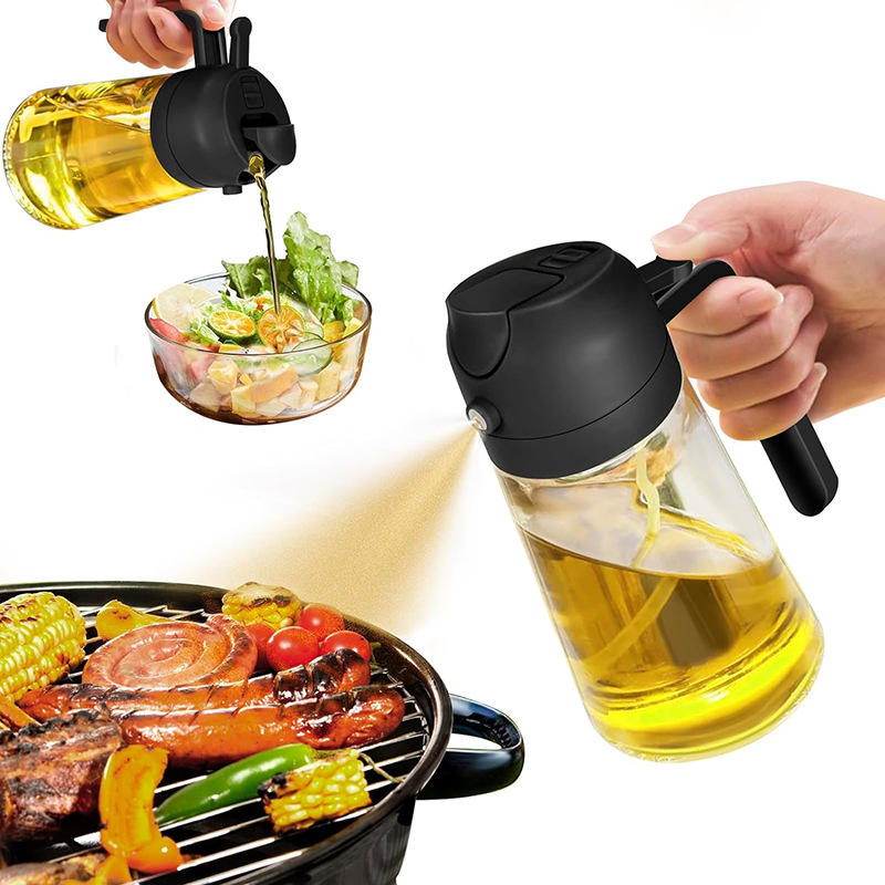 LOVFE Kitchen Dispenser and Sprayer Oil Bottle 470ml 2 in 1 Glass Oil Spray Bottle for Cooking