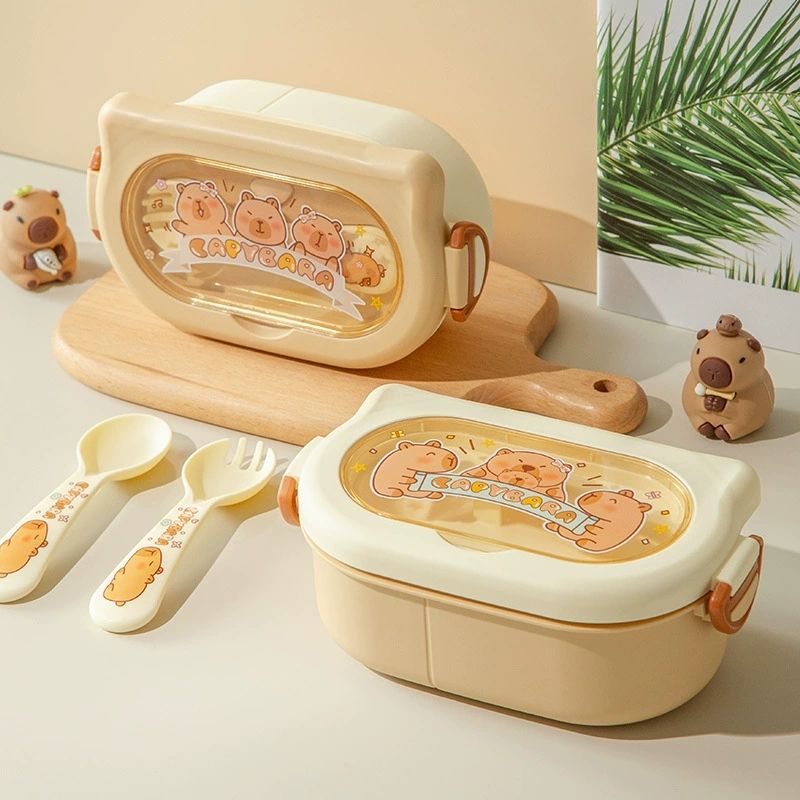 Bpa Free Plastic 2 Grids Bento Box Microwave and Freezer Safer Food Container with Spoon Student Portable Pinic Box 650ml