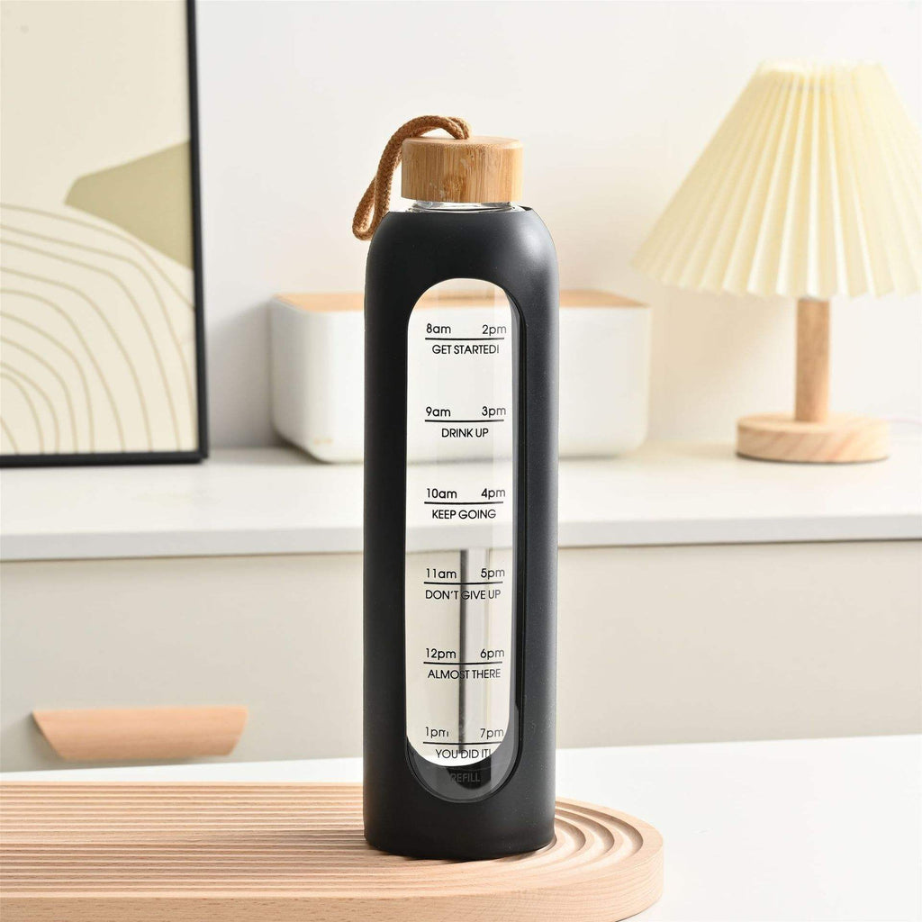 32 Oz Borosilicate Glass Water Bottle with Bamboo Lid | Leak-Proof Motivational Bottle with Silicone Sleeve