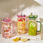 New Fashion 350ml Square Glass Reusable High Borosilicate Clear Beer Boba Drinking Mug Glass Cup with Lid and Straw