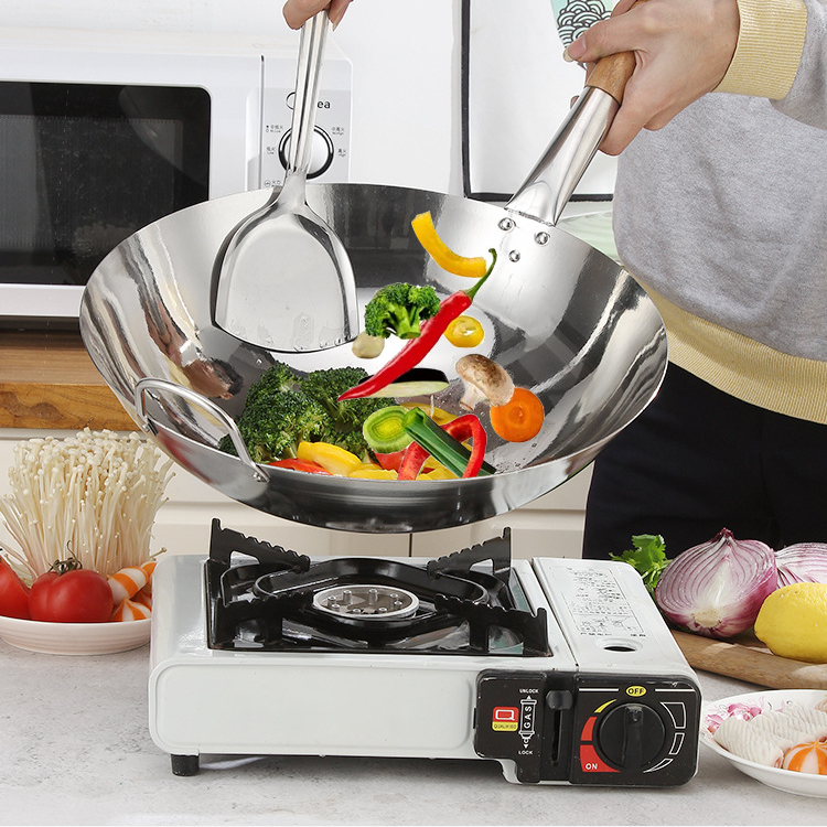 Wooden Handle Round Bottom Large 304 Stainless Steel Wok Pan – Commercial Cooking Wok