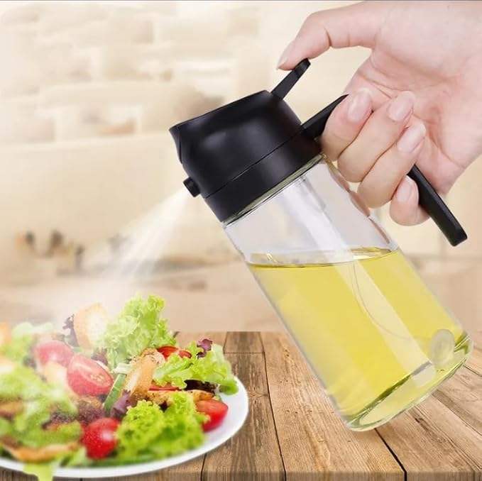 LOVFE Kitchen Dispenser and Sprayer Oil Bottle 470ml 2 in 1 Glass Oil Spray Bottle for Cooking