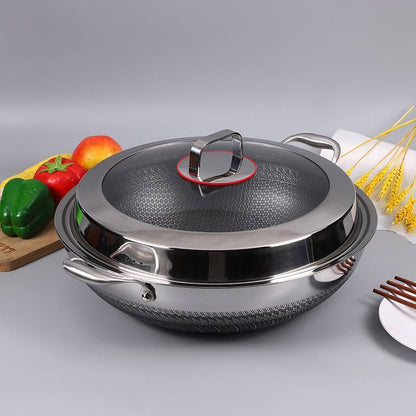 316 Stainless Steel Honeycomb Steamer & Frying Pan with Glass Lid | Multi-Purpose Non-Stick Pan for Gas & Induction (36cm, 38cm, 40cm)
