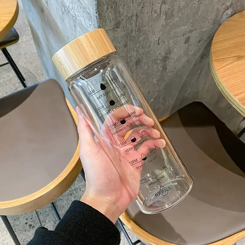 Custom Transparent 24oz 34oz Large Capacity Borosilicate Glass Water Bottle Time Marker Glass Drink Milk Bottle with Bamboo Lid