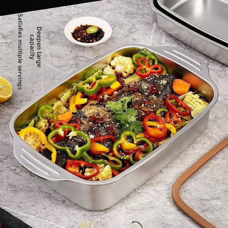 Stainless Steel Large Capacity Rectangular Grill Plate | Deepened Multi-Purpose BBQ & Commercial Baking Tray (Flat)
