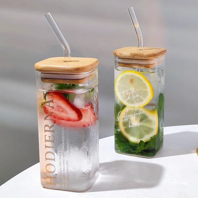 Hot Selling Borosilicate Glass Coffee Cup – Square Drinking Glass with Bamboo Lid &amp; Glass Straw