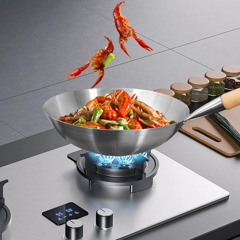 Wooden Handle Round Bottom Large 304 Stainless Steel Wok Pan – Commercial Cooking Wok