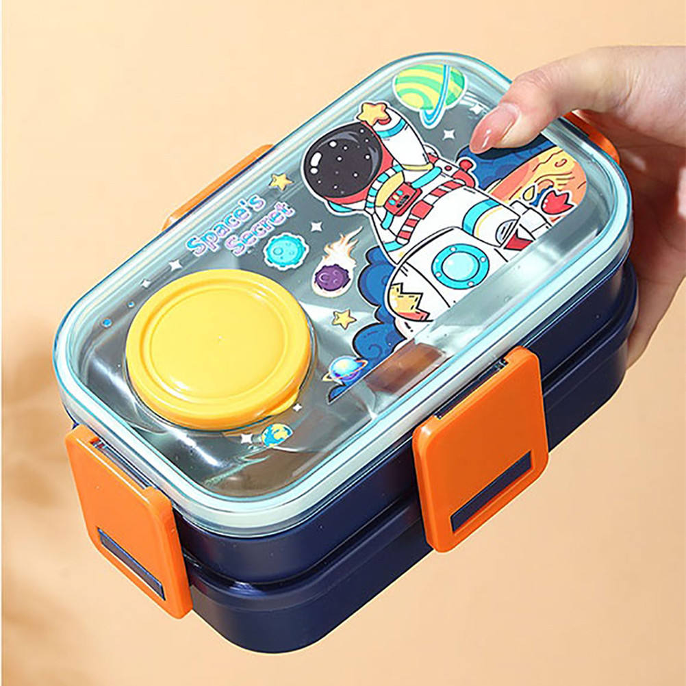 Plastic Cartoon 2-layer Lunch Box 500ml + Outside Bowl 80ml with Spoon