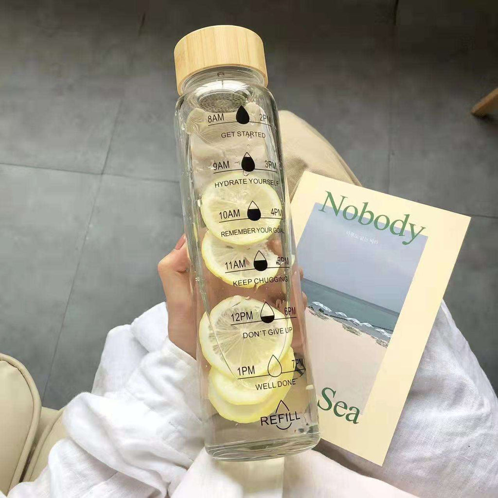 Custom Transparent 24oz 34oz Large Capacity Borosilicate Glass Water Bottle Time Marker Glass Drink Milk Bottle with Bamboo Lid