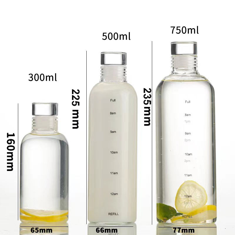 Glass Customize Borosilicate Fitness Water Bottle – With Time Stamp &amp; Glass Lid