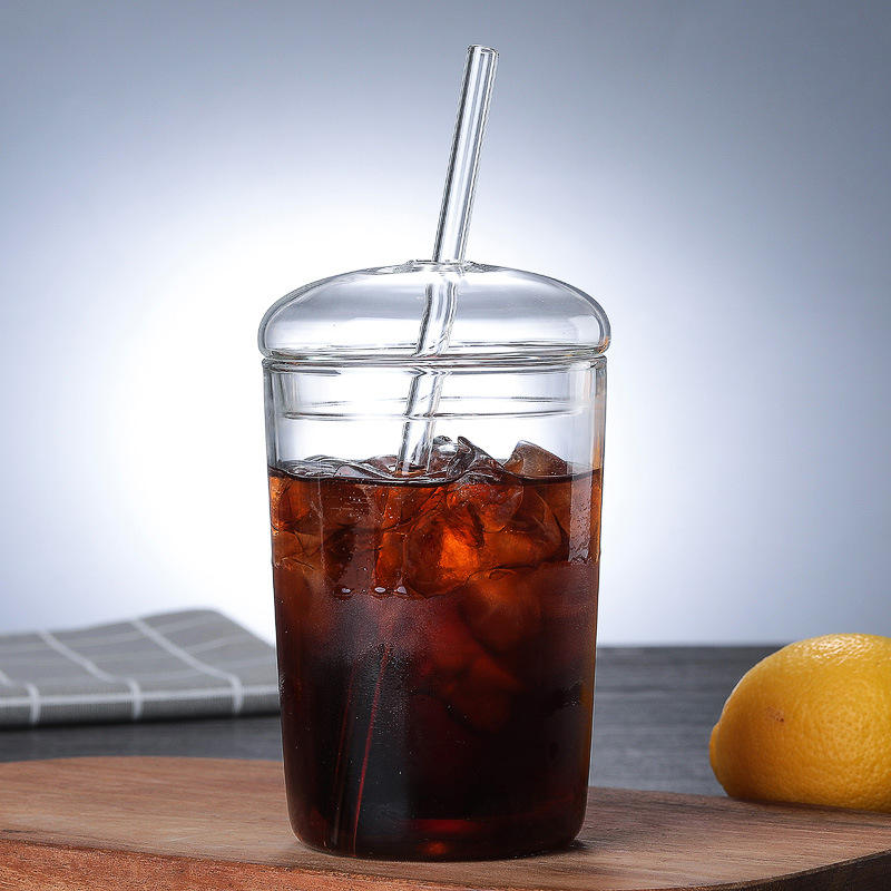Fashion Style Clear Borosilicate Tumbler – With Dome Glass Lid &amp; Glass Straw
