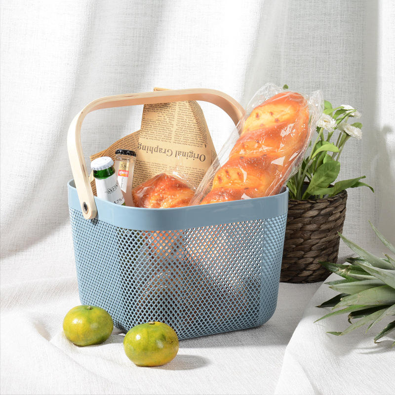 Kitchen &amp; Living Room Storage and Organization Basket with Bamboo Handle – PP Plastic Multipurpose Organizer