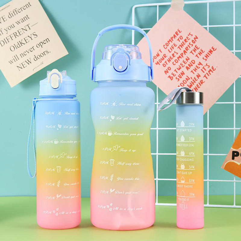 3-in-280ml/750ml/2000ml Capacity PP PC Silicon Food Grade Motivational Water Bottle with Time Marker One Click Open Cap