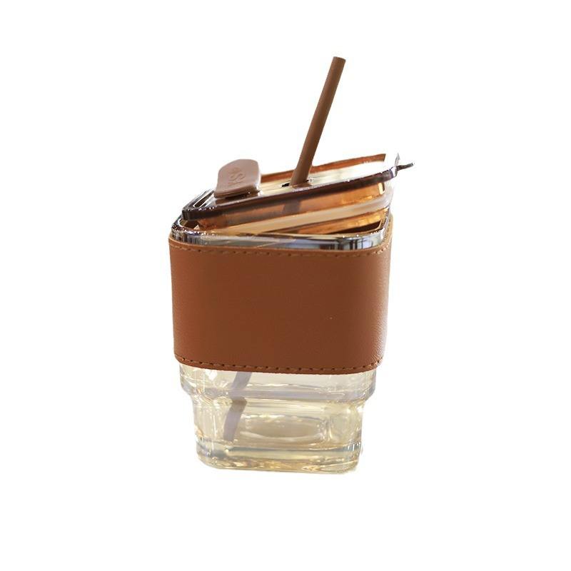 Seaygift 460ml Glass Coffee Mug with Leather Sleeve, Lid & amp; Straw