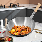 Wooden Handle Round Bottom Large 304 Stainless Steel Wok Pan – Commercial Cooking Wok