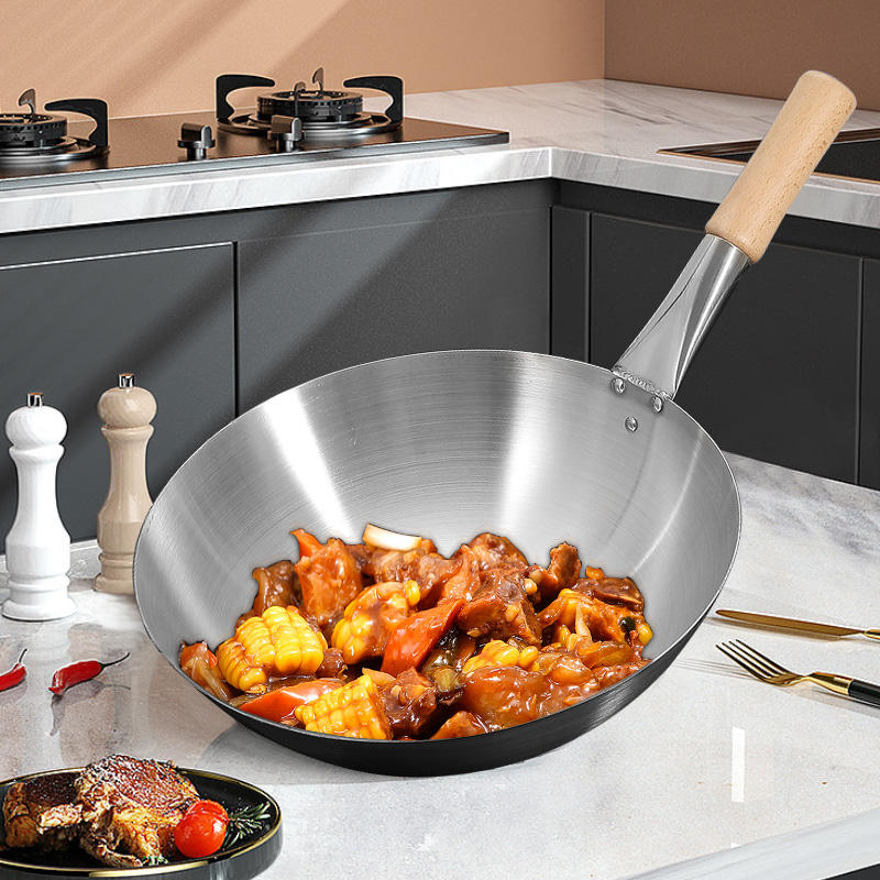 Wooden Handle Round Bottom Large 304 Stainless Steel Wok Pan – Commercial Cooking Wok