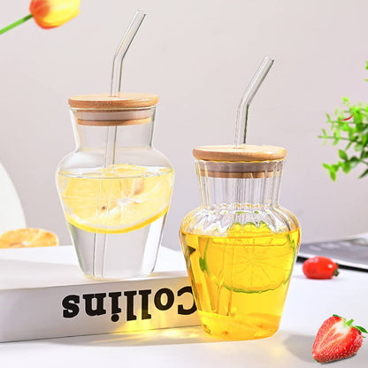 450ml Sublimation Glass Cup with Handle, Bamboo Lid & Glass Straw | 15oz Clear Ribbed Glass Tumbler