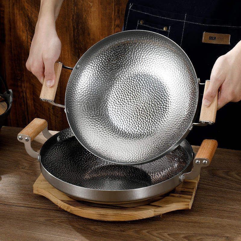 Commercial Restaurant Stainless Steel Spanish Frying Pans Seafood Paella Pan With Double Handle