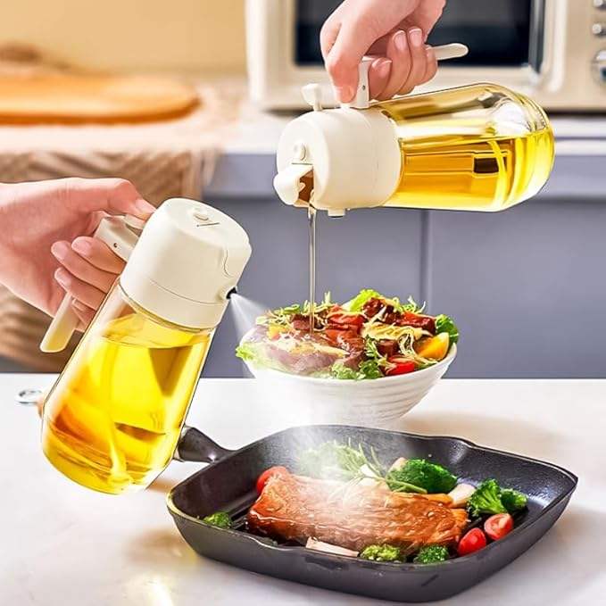 LOVFE Kitchen Dispenser and Sprayer Oil Bottle 470ml 2 in 1 Glass Oil Spray Bottle for Cooking