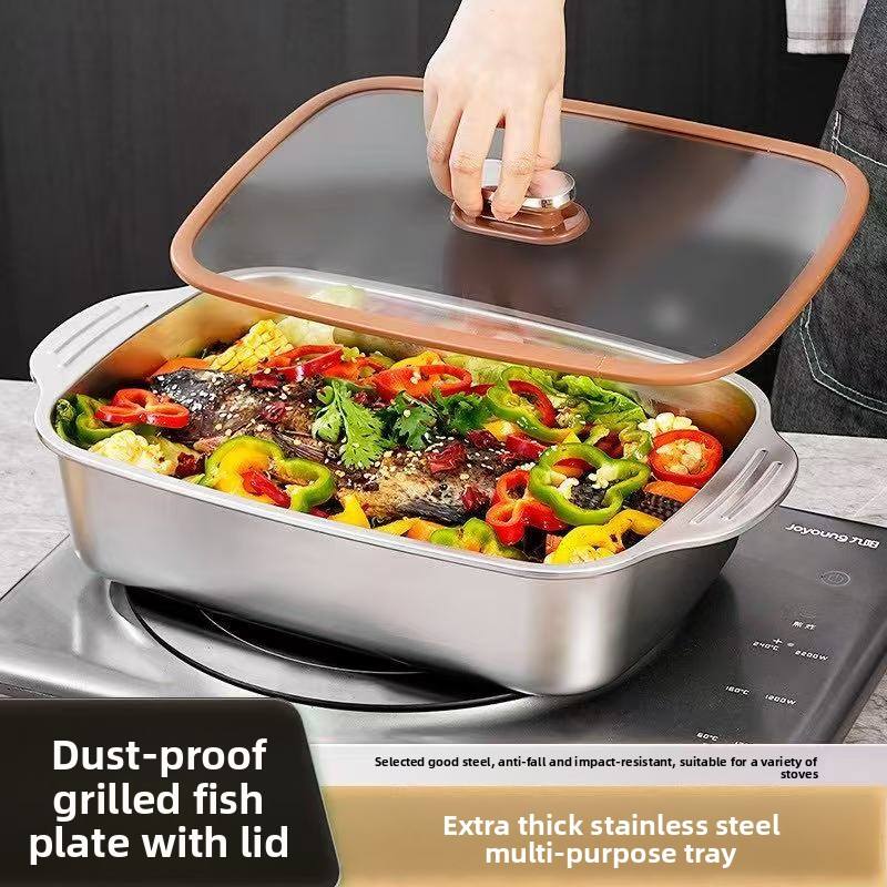 Stainless Steel Large Capacity Rectangular Grill Plate | Deepened Multi-Purpose BBQ & Commercial Baking Tray (Flat)