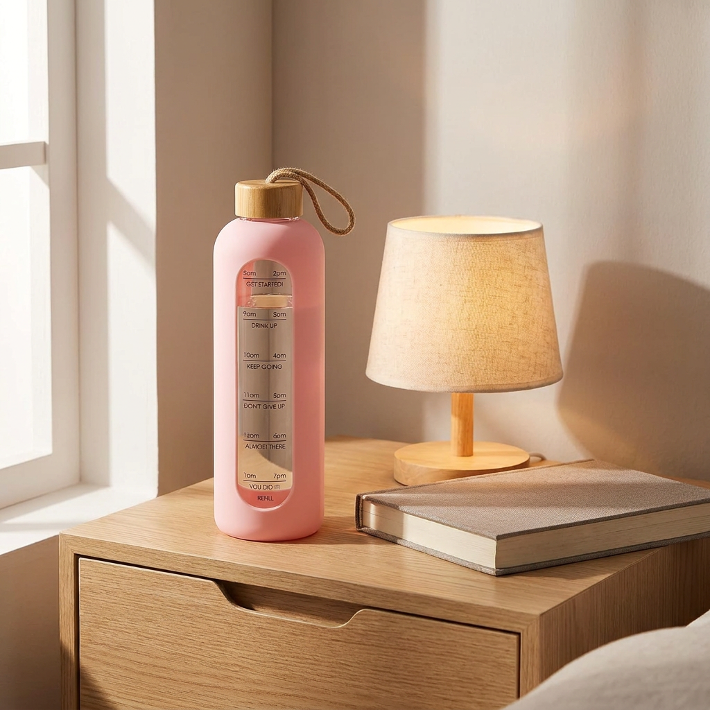 32 Oz Borosilicate Glass Water Bottle with Bamboo Lid | Leak-Proof Motivational Bottle with Silicone Sleeve