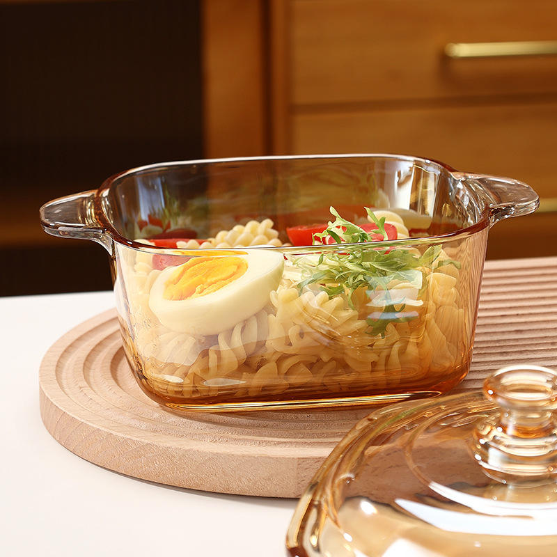 High Appearance Amber Glass Stockpot – Thickened Double Ear Bowl with Lid