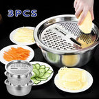 3pcs Stainless Steel Kitchen Tools Set – Chopper, Slicer, Grater &amp; Drain Basin