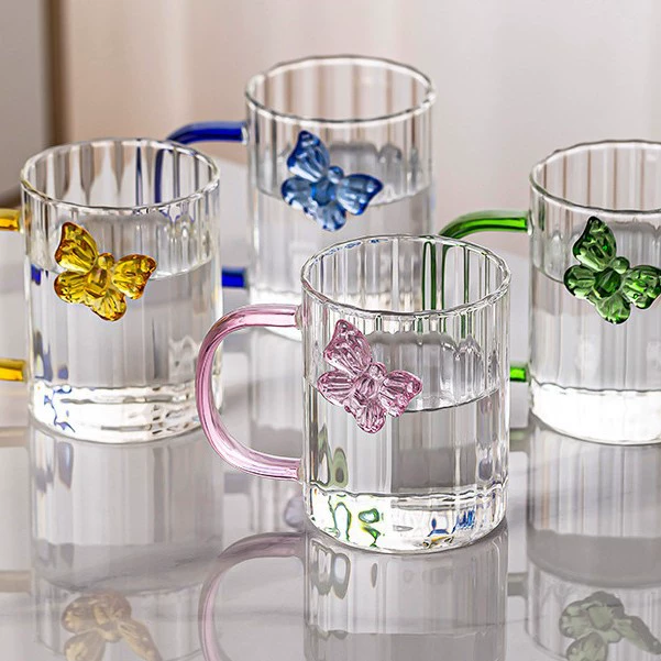 High Borosilicate 3d Butterfly Striped Glass Cup Creative Colored Handle Glass Mugs