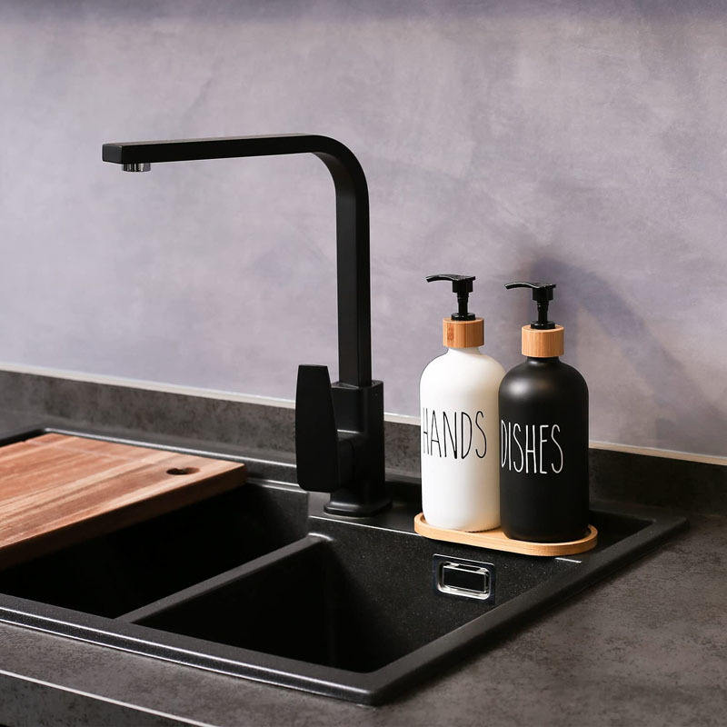 6oz / 500ml Glass Lotion &amp; Soap Dispenser – White &amp; Black with Bamboo Pump Cover