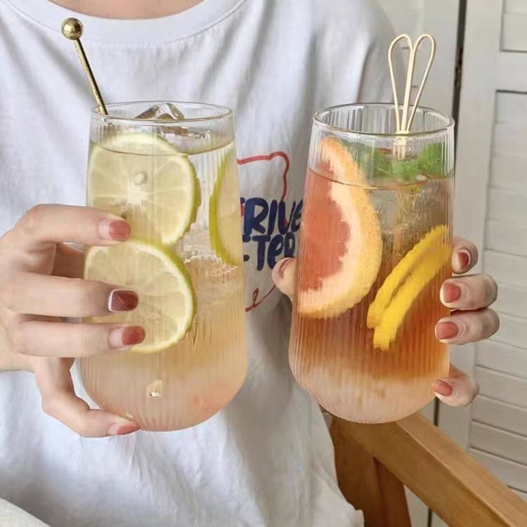 Summer Striped Large Capacity Borosilicate Glass Coffee Mug Ice Cold Drinking Cup for Juice and Coffee