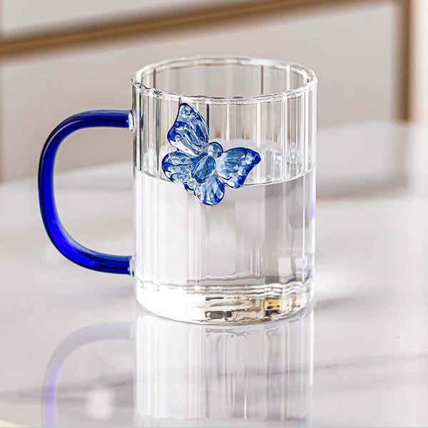 High Borosilicate 3d Butterfly Striped Glass Cup Creative Colored Handle Glass Mugs