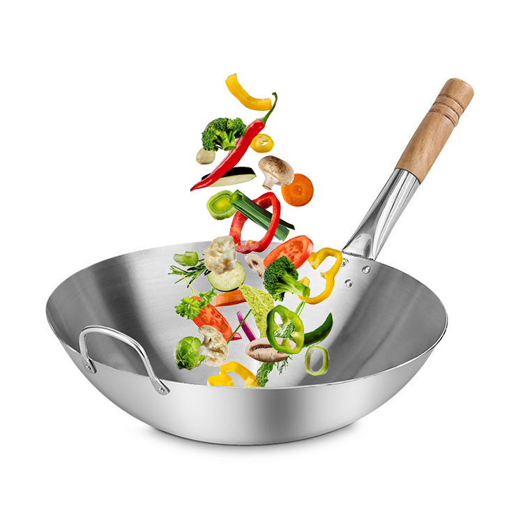 Wooden Handle Round Bottom Large 304 Stainless Steel Wok Pan – Commercial Cooking Wok