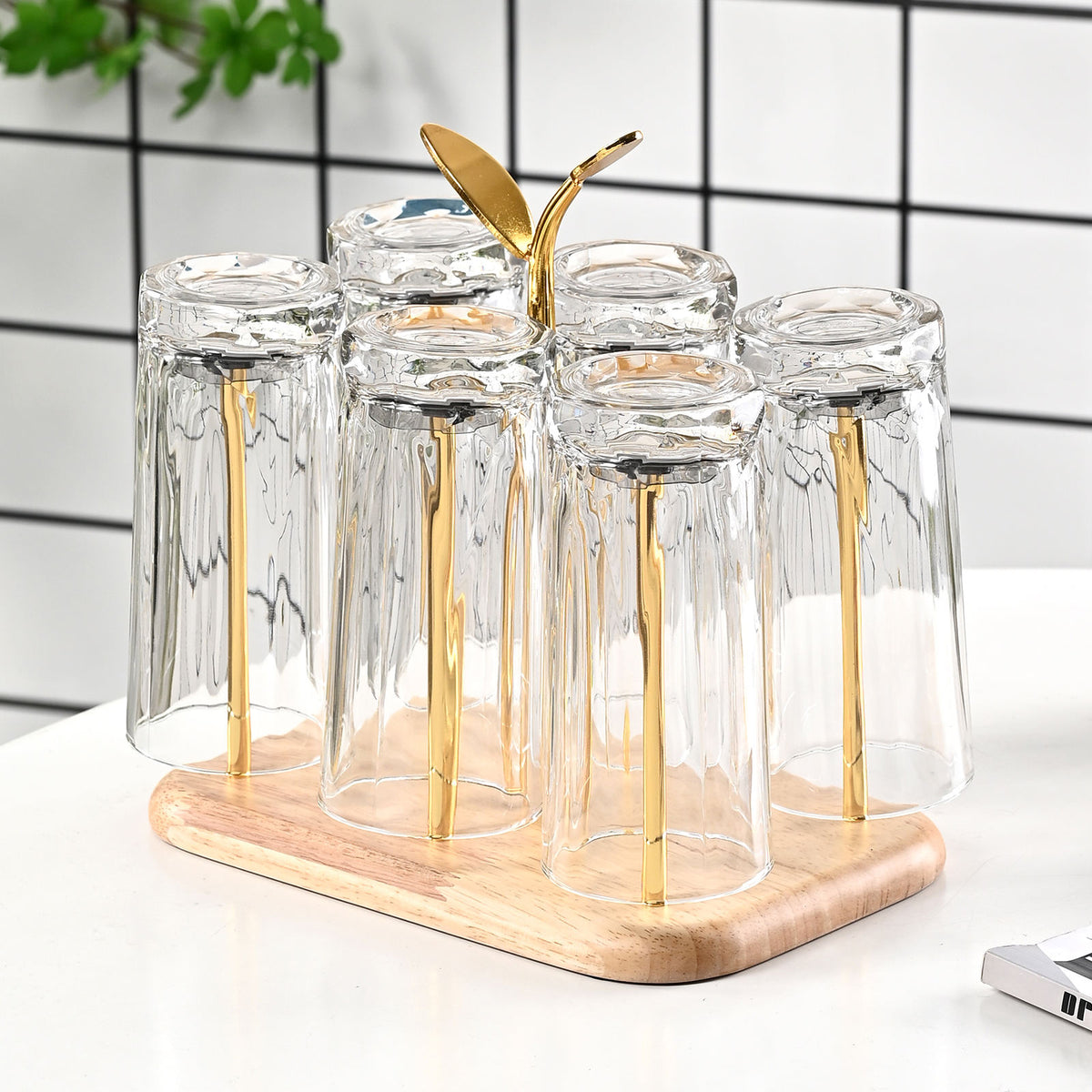6-Cup Holder Tumbler Water Bottle Organizer Wooden Base Countertop Cup Drying Rack Stand