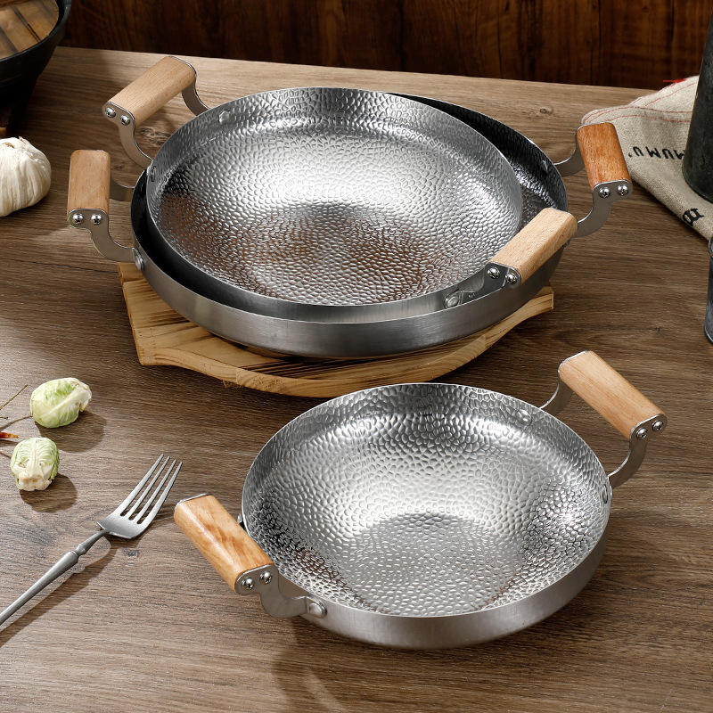 Commercial Restaurant Stainless Steel Spanish Frying Pans Seafood Paella Pan With Double Handle