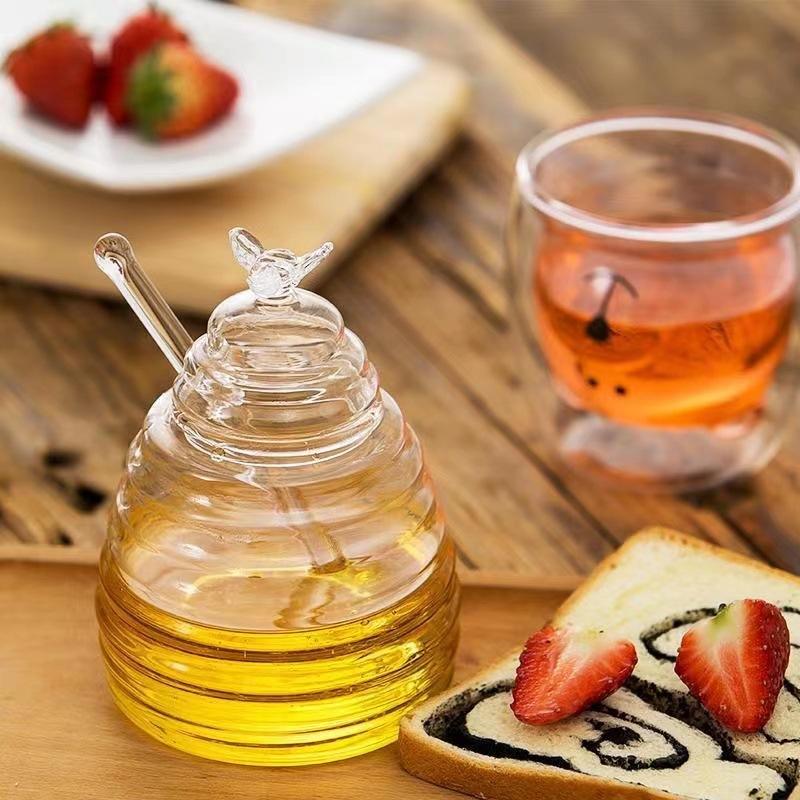300ml Handmade Honey Jar – Honeycomb Glass with Dipper